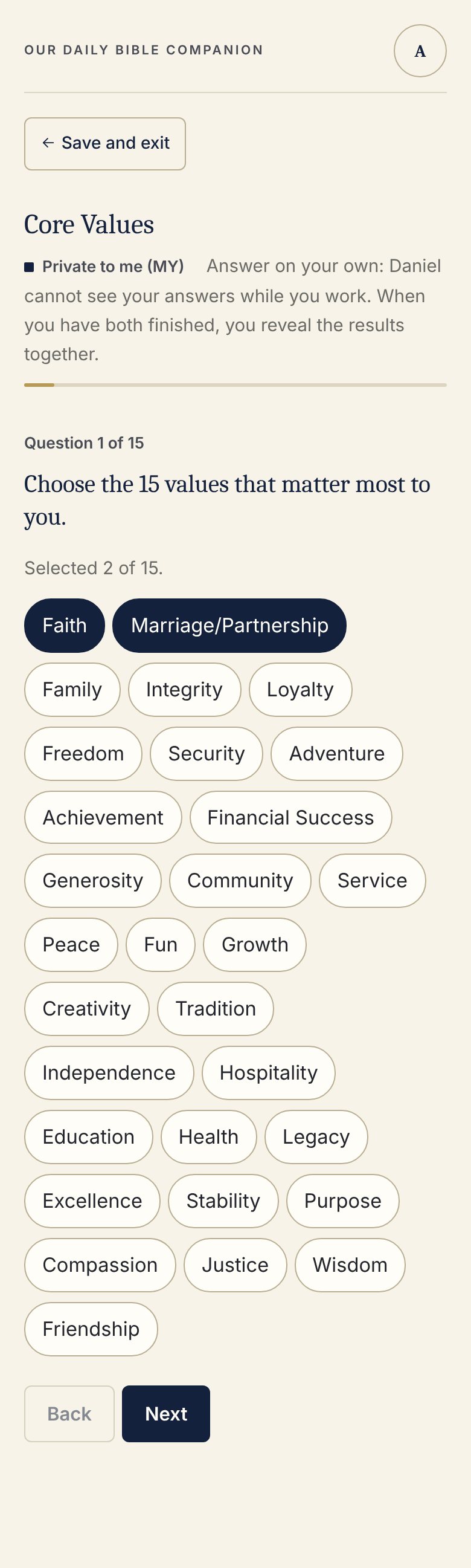 A Discover Us question in the app asking you to choose up to five values, with a reminder that your partner cannot see your answers while you work.