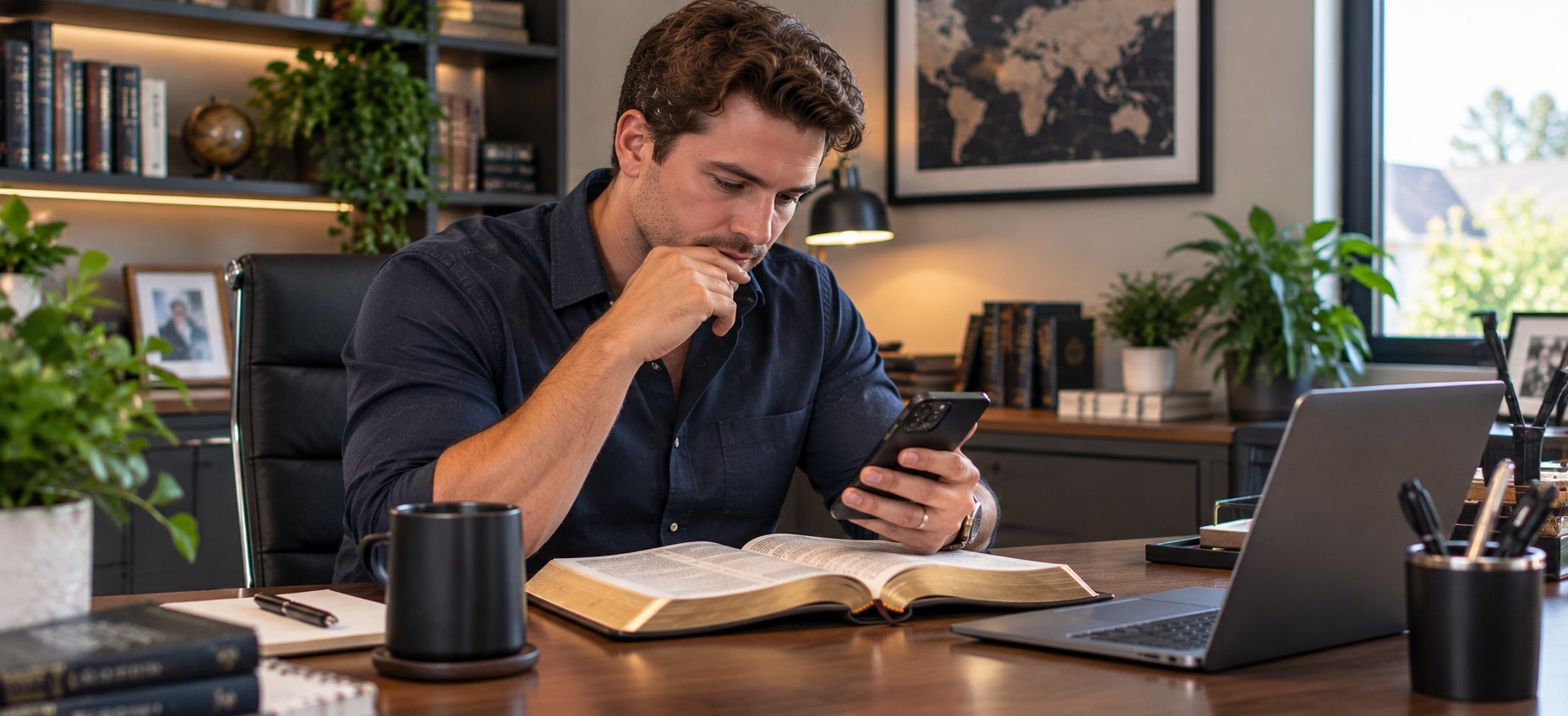 A man sits at a desk at home with an open Bible and a notebook. He looks thoughtfully at his phone.