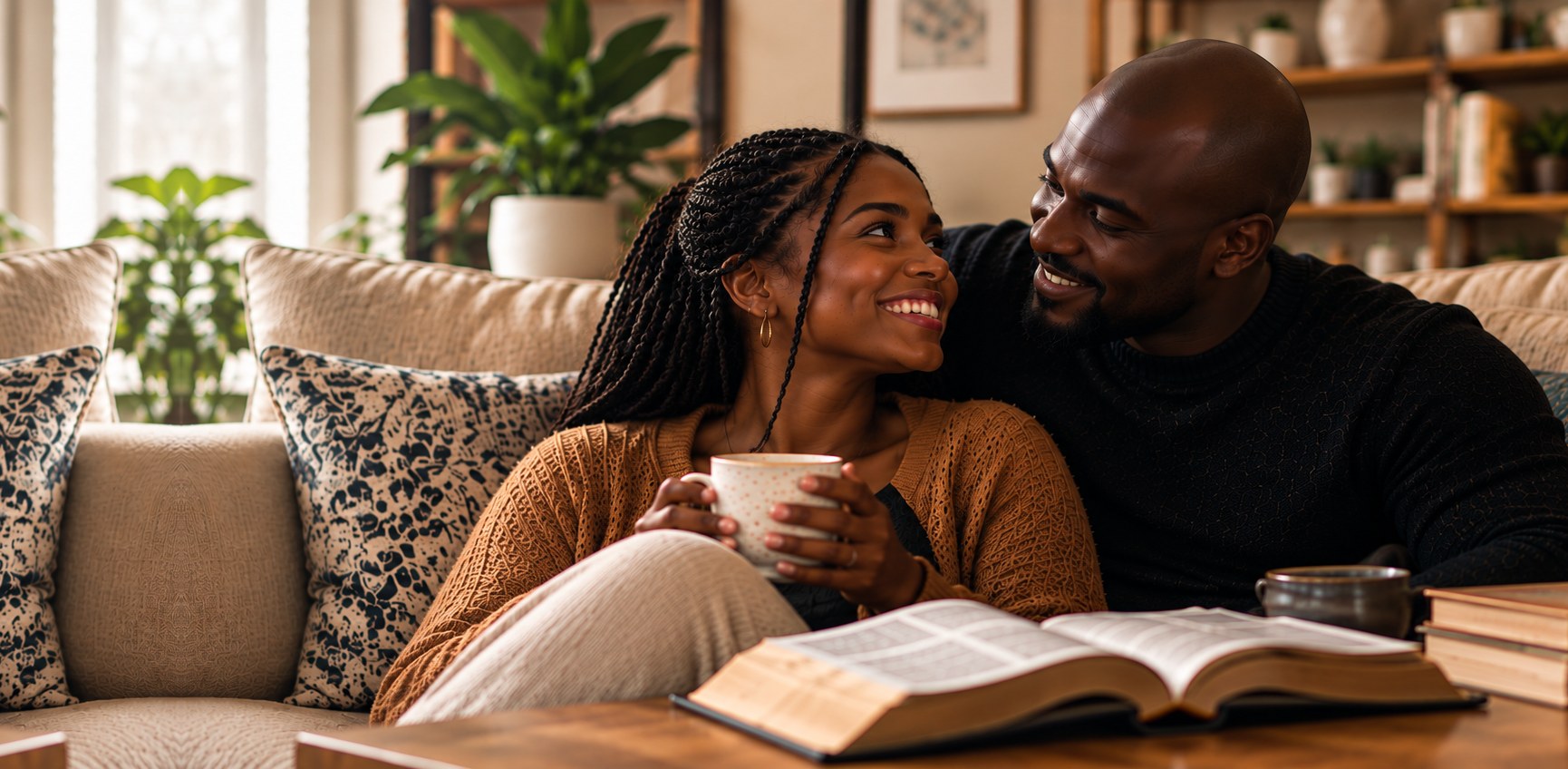 A couple sitting close on a sofa at home, smiling at each other. She holds a cream mug, and an open Bible rests on the coffee table in front of them.