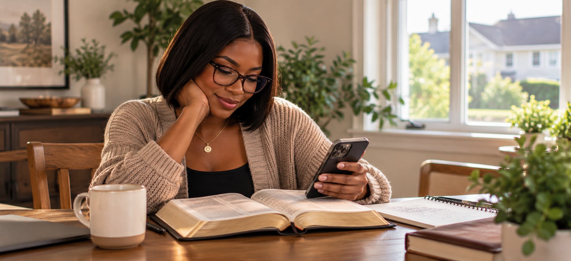 A woman with glasses sits at a table with an open Bible and a notebook. She smiles as she looks at her phone.